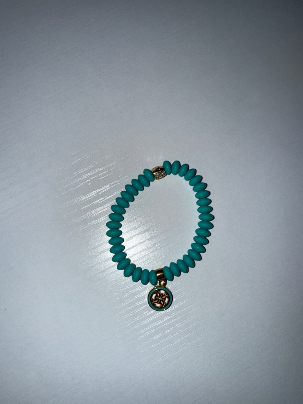 Rustic Cuff Teal Bead Stretch Bracelet with Gold Accent Charm